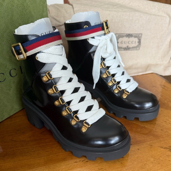 Gucci Calfskin Sylvie Web lace up combat boots - Picture 2 of 8